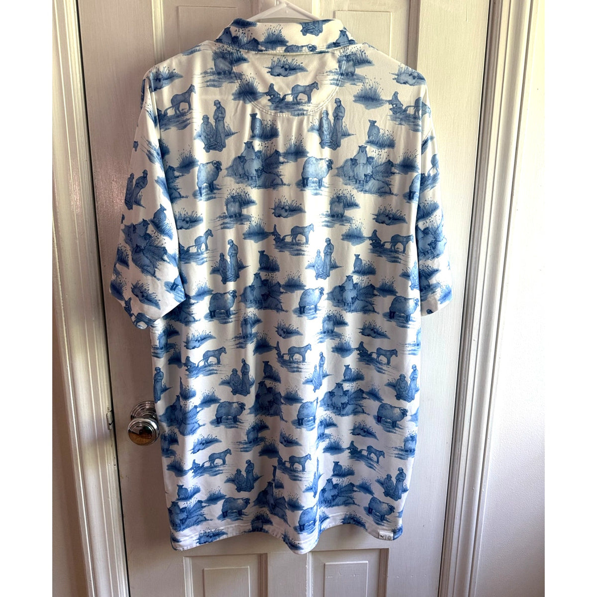 RARE Puma Golf Toile Scenic Landscape Pagoda Blue White Polo Shirt Men's Large