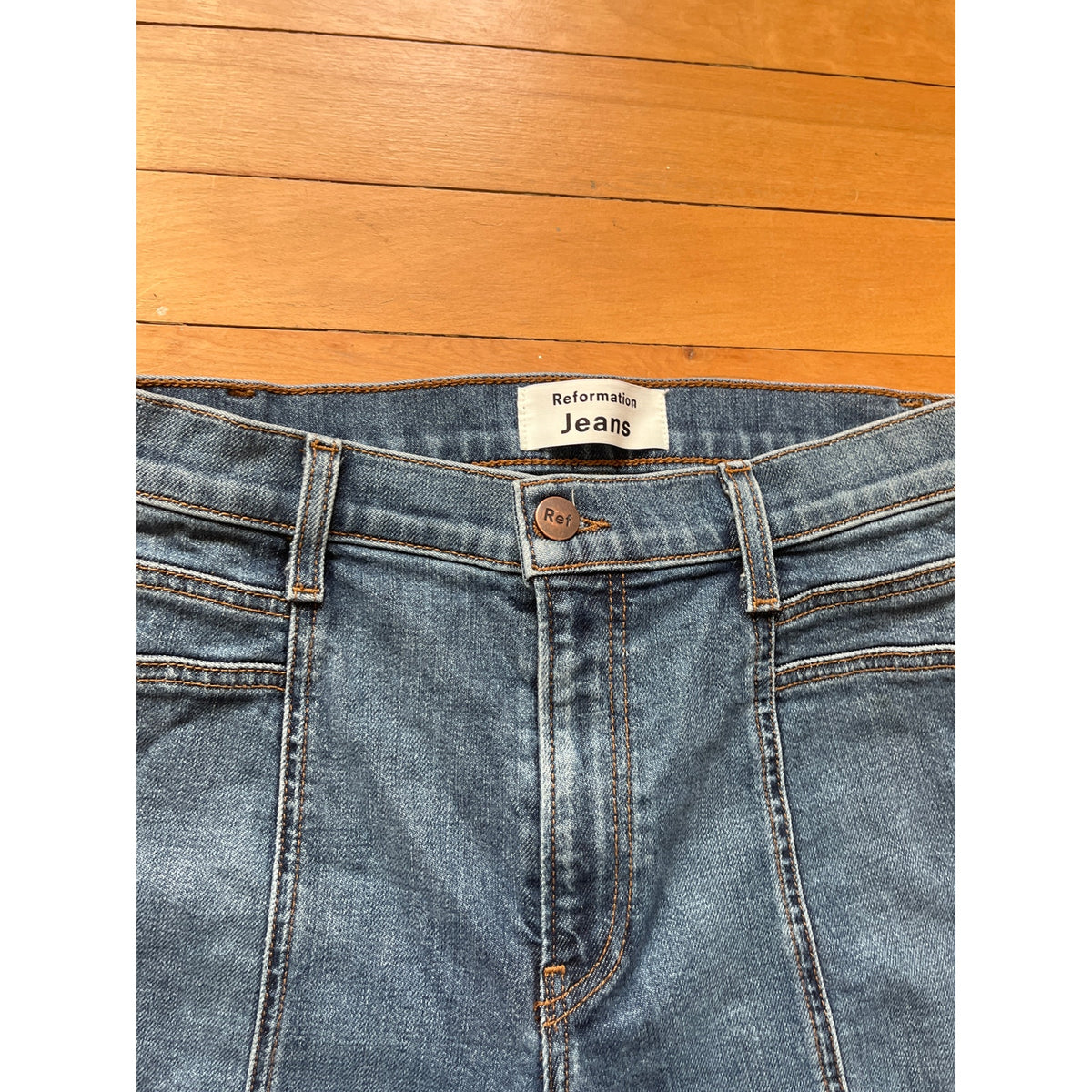 Reformation Amie High Rise Seamed Slim Jeans Blue 25