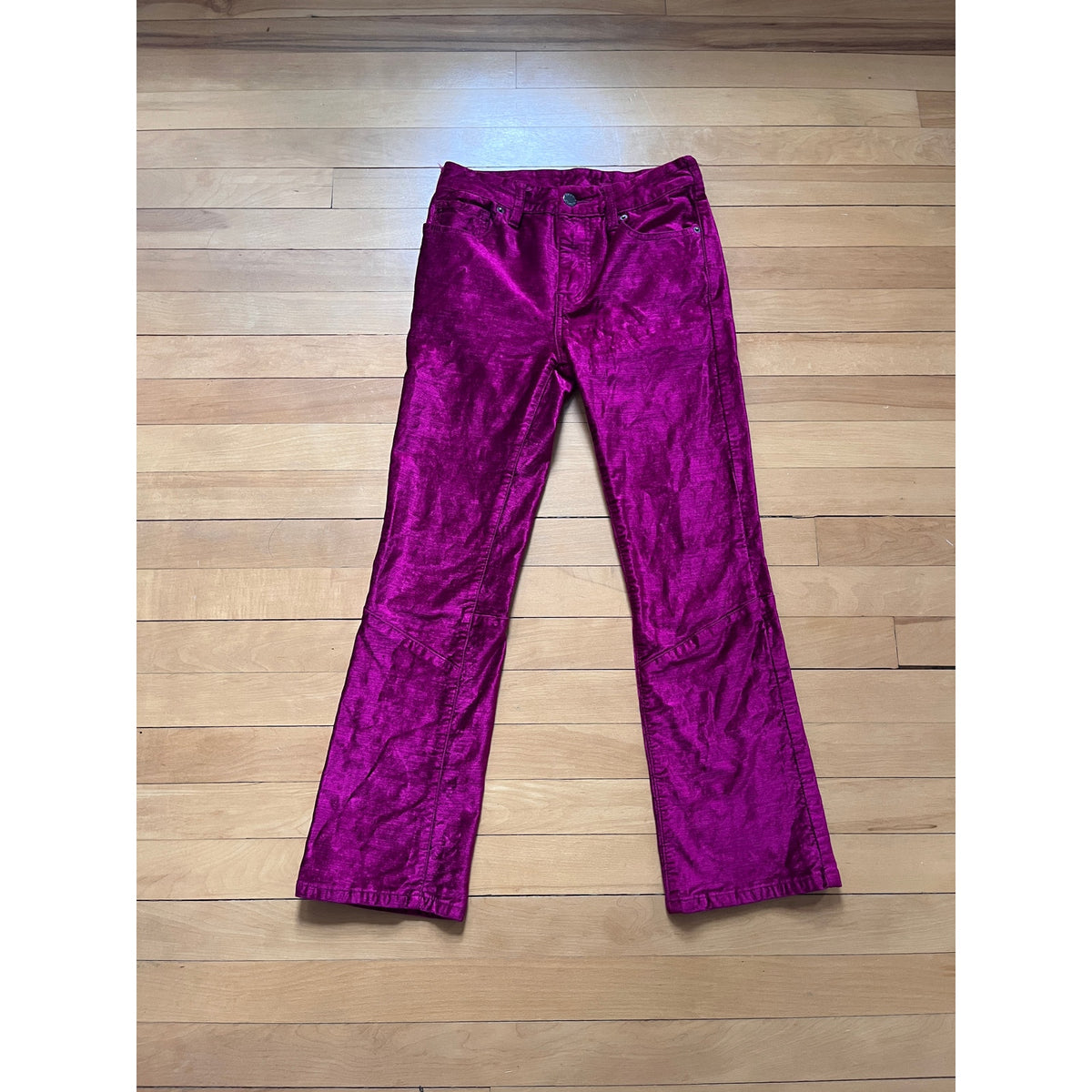 Free People "Speed of Light" Crushed Velvet Flare Pants Size 25 EUC Metallic Pink