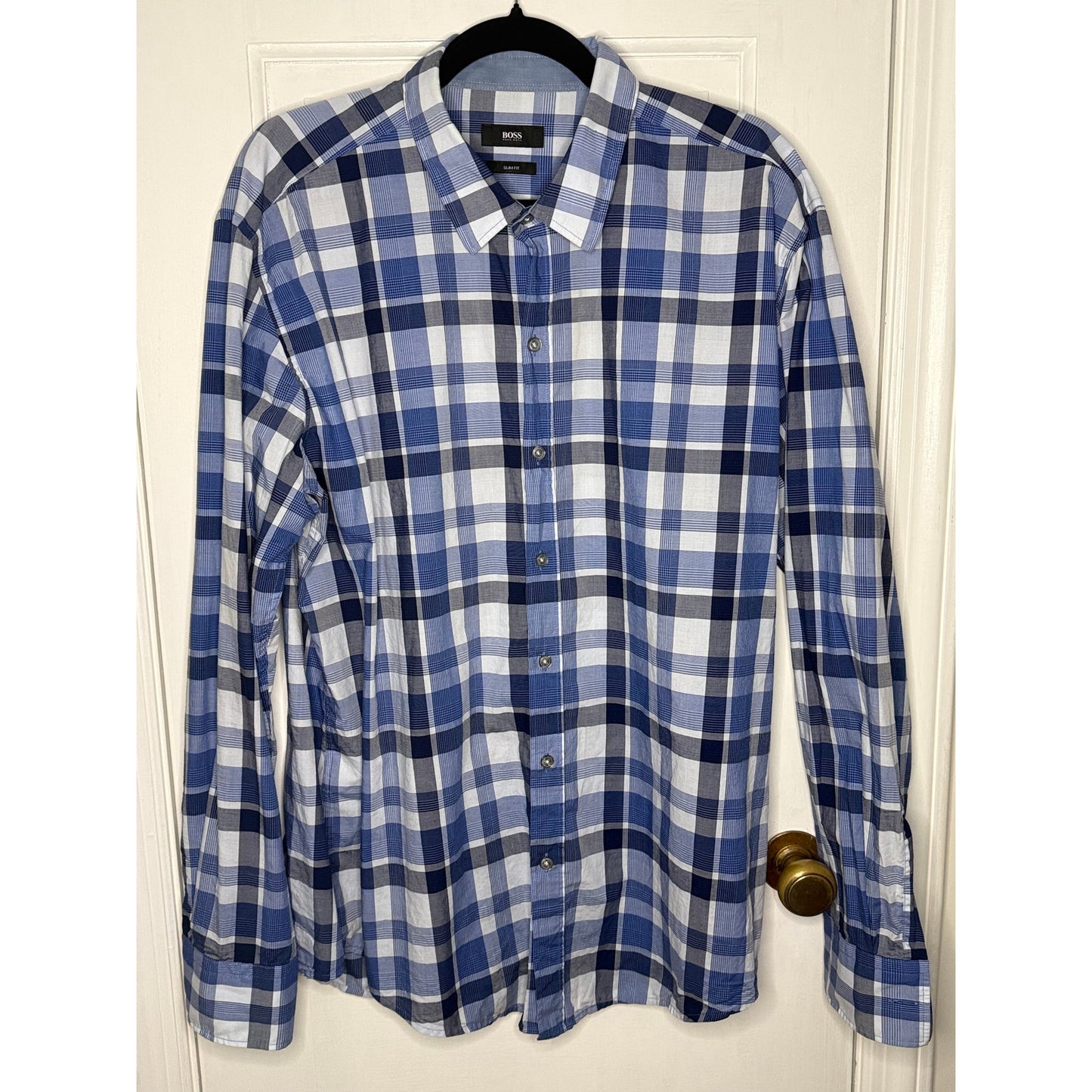 Hugo Boss Slim Fit Button Down Shirt Blue/White Plaid XL