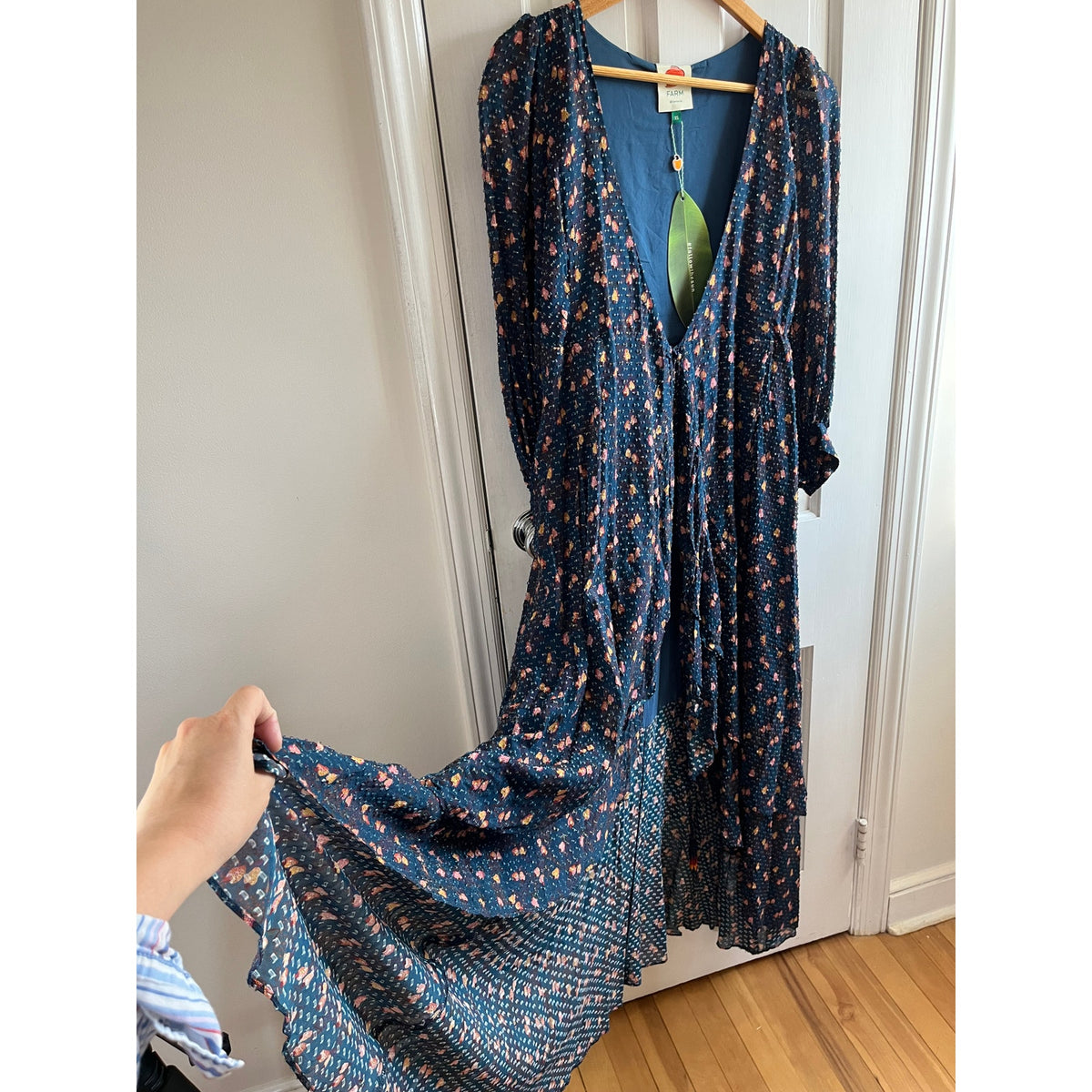 NWT Farm Rio Mini Cashew Wrap Dress Blue Multi Gold Sparkle Shimmer Size XS