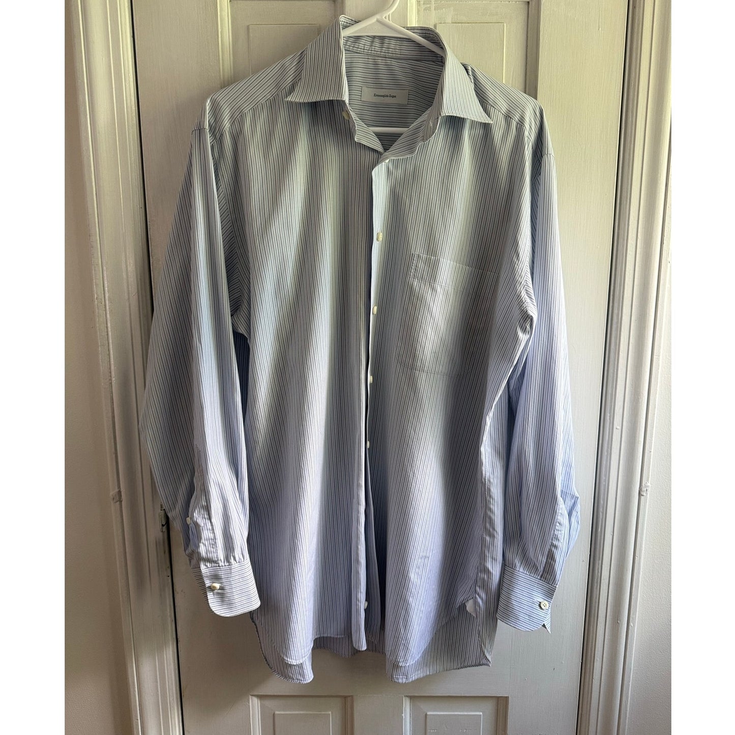 Ermenegildo Zegna Dress Shirt 15.5 39 M Blue White Striped Luxury Italian EUC