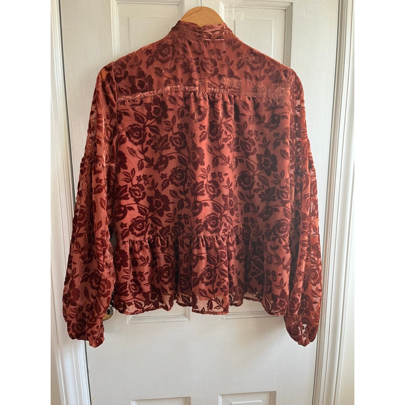 By Anthropologie Velvet Burnout Tie Neck Blouse Rust Copper Floral Peplum Med
