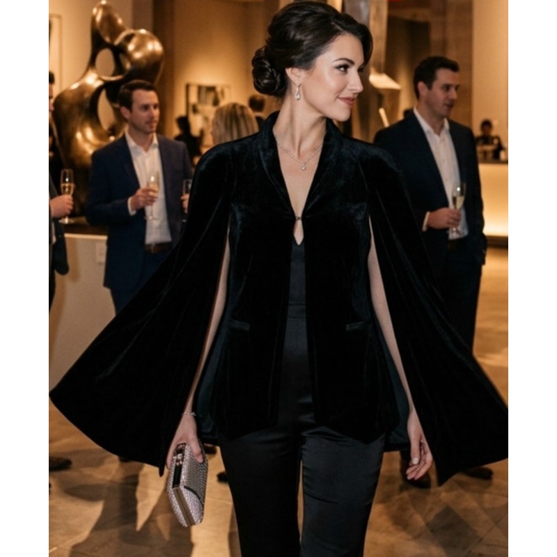 Free People Black Velvet Cape Vest One Size OS Open Front Drape Fringe EUC