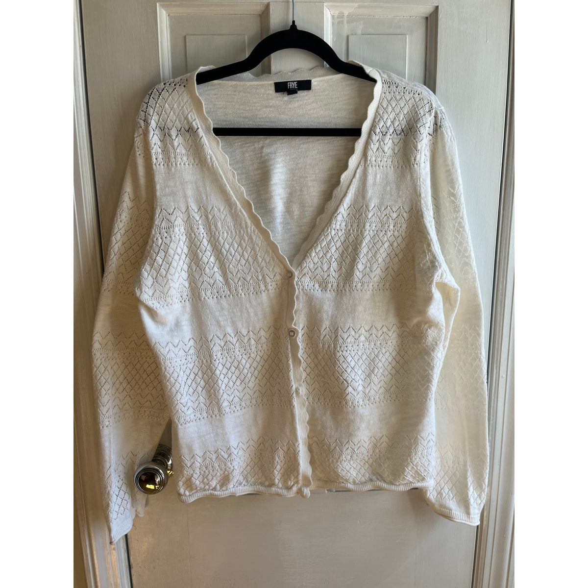 Frye Cream White Pointelle Knit Cardigan - 100% Cotton Scalloped V-Neck Sweater - Sz L/XL