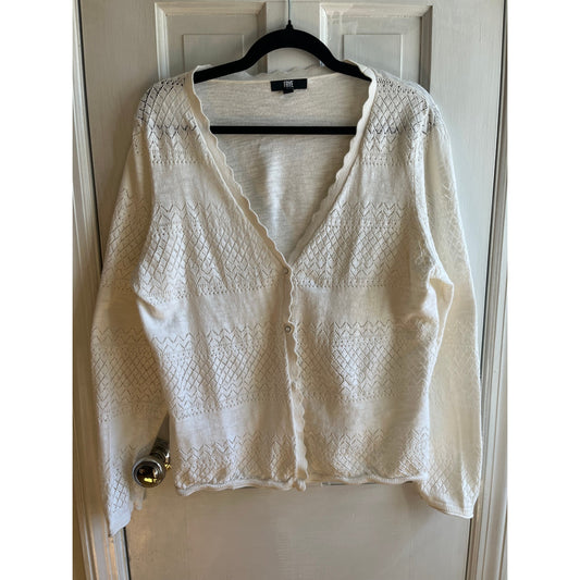 Frye Cream White Pointelle Knit Cardigan - 100% Cotton Scalloped V-Neck Sweater - Sz L/XL