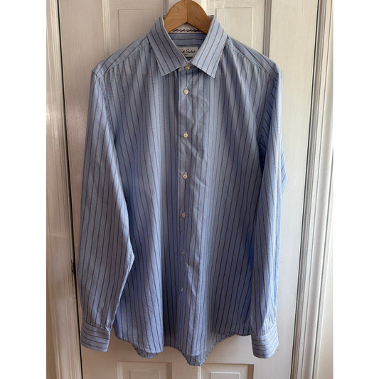 Robert Graham Shirt 42 16.5 L Blue White Brown Rope Striped Flip Cuff Button Up
