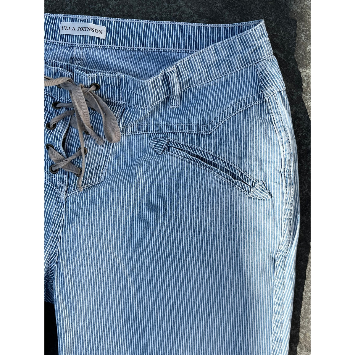 Ulla Johnson Striped Patria Pants Lace Up Back Wide Leg Cropped Blue White 6
