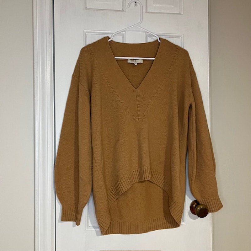 Tibi Merino Wool Blend V-neck Puff Sleeve Camel Sweater - Size Small