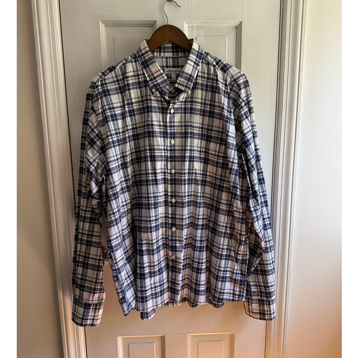 Peter Millar Men's XL Navy Plaid Button Down Shirt Cotton EUC