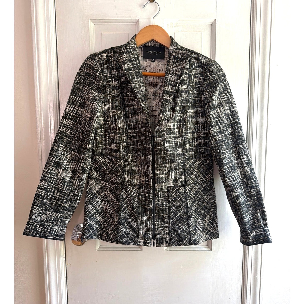 Lafayette 148 New York Black White Tweed Full Zip Blazer Jacket Size 6