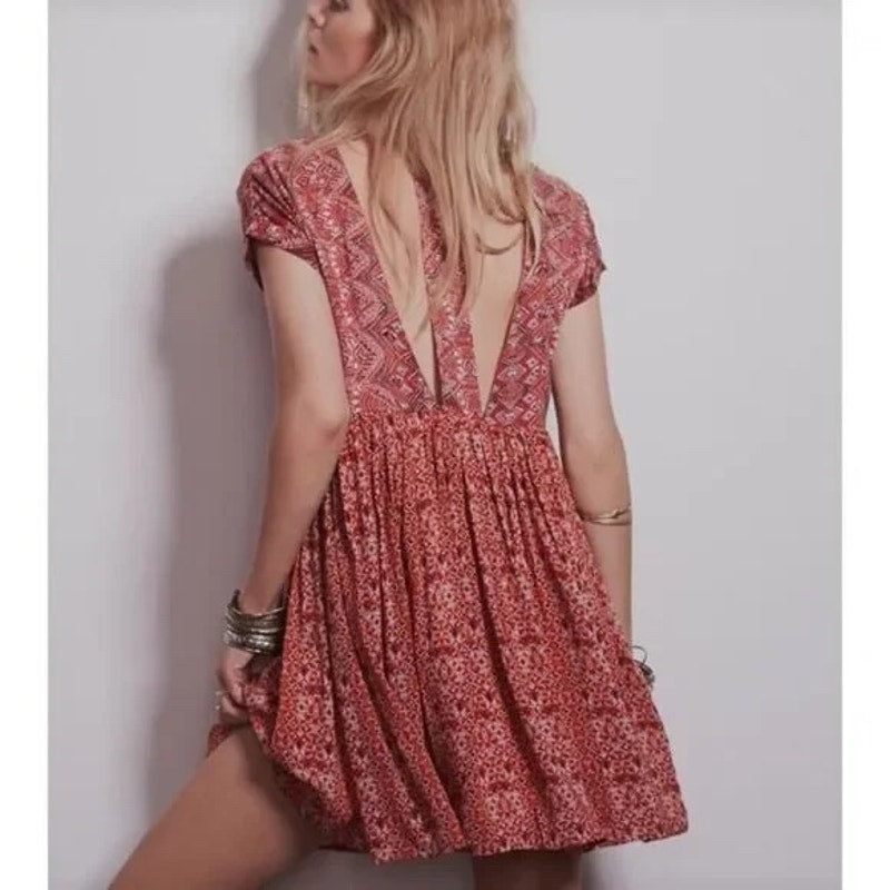 Free People Sundown Babydoll Dress S/P 🧡 Aztec Orange Boho Mini