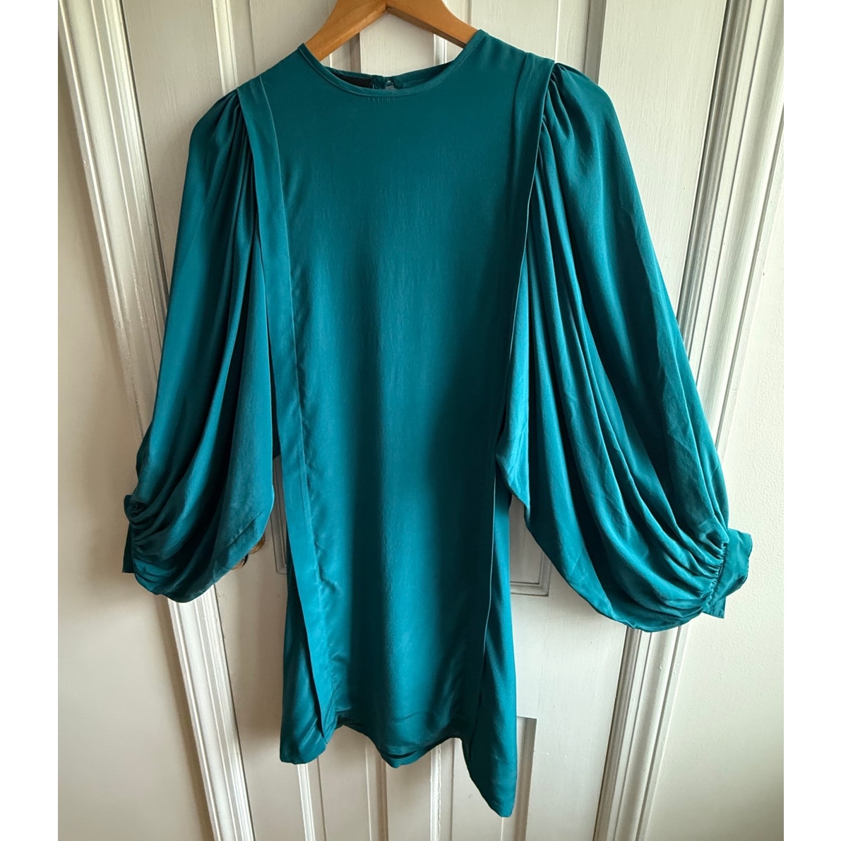 Linus Emerald Green 100% Silk Mini Dress - Balloon Sleeve EUC Size 4