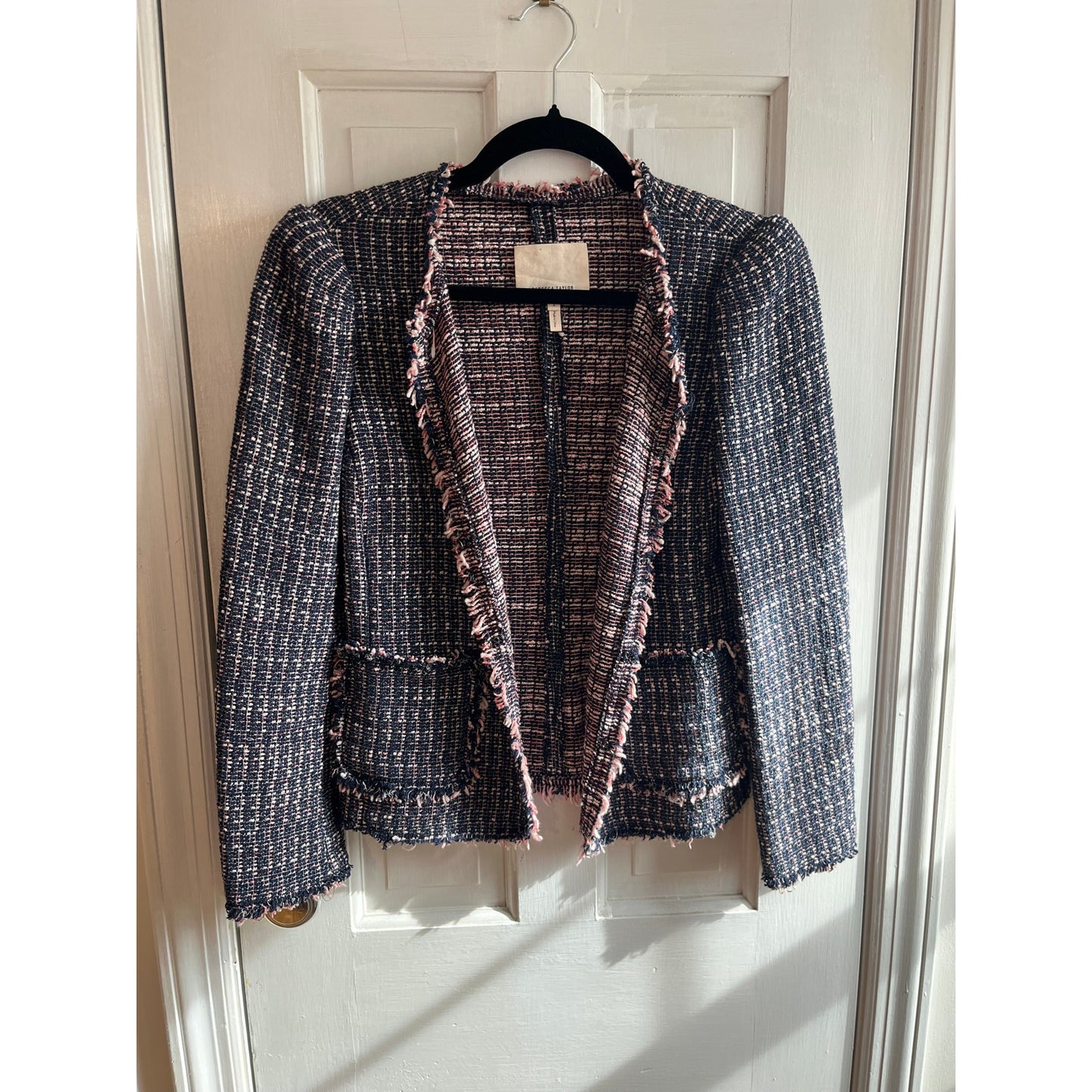 REBECCA TAYLOR Navy Blue Pink Tweed Cropped Blazer Frayed Fringe Trim | US 2