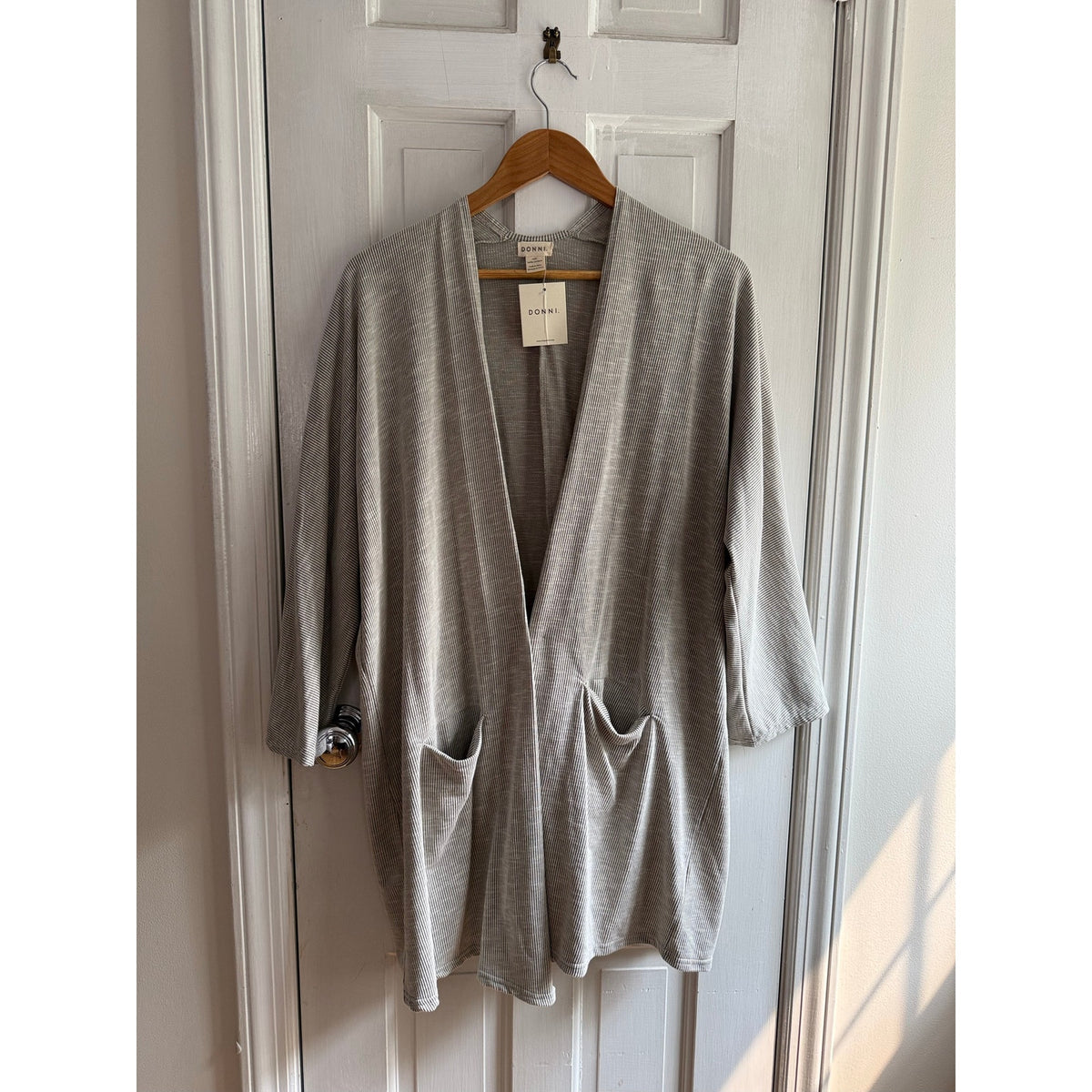 DONNI. NWT Gray Ribbed Open Front Duster Cardigan Pockets One Size OSFA