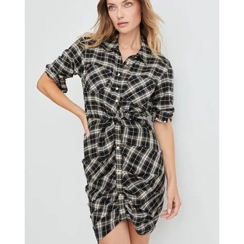 Veronica Beard Sierra Plaid Dress, Pearl Button Front with Ruched Tie - size 6