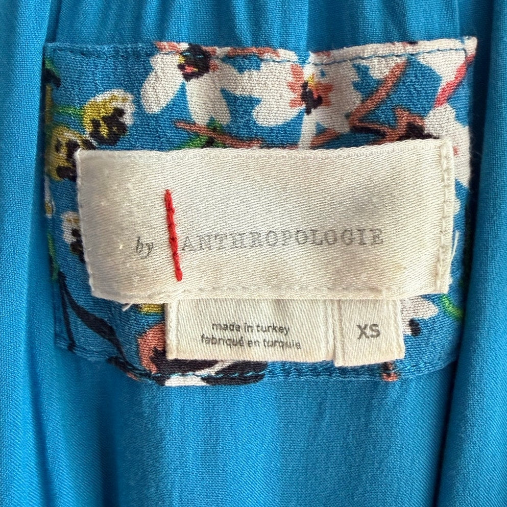 Anthropologie Robin Tiered Mini Dress XS Blue Green Floral Flutter Sleeve V-Neck