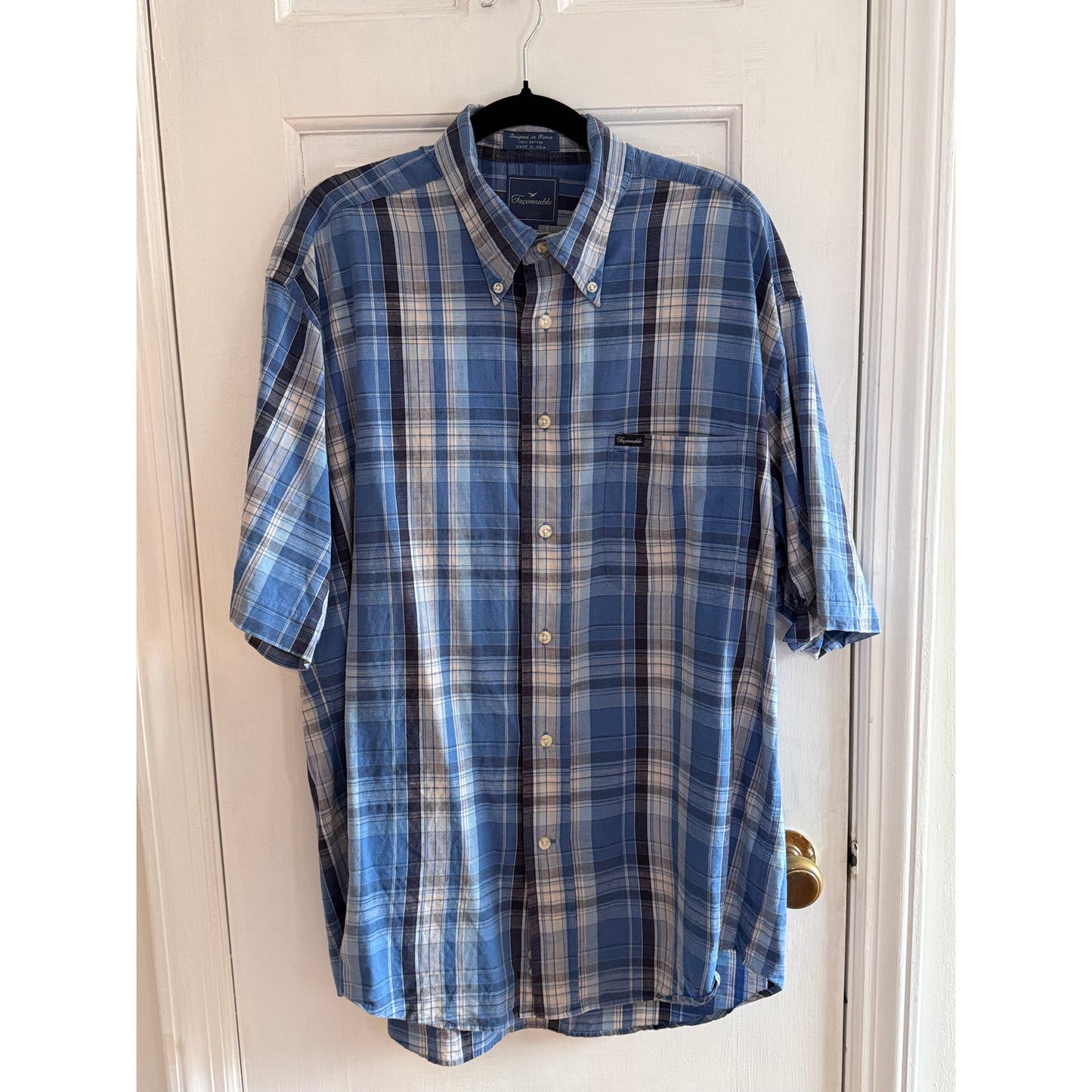 Faconnable Men's Short Sleeve Button Down Plaid Blue/White Lg