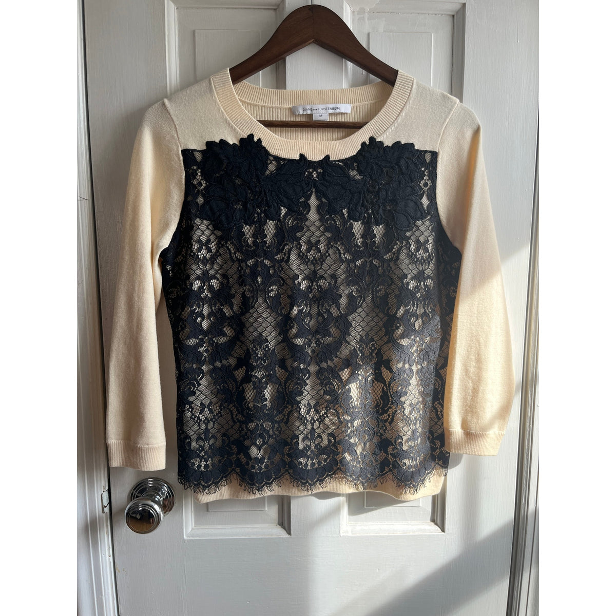 🕯️🕊️ DVF Diane von Furstenberg Ivory Wool Blend Lace Trim Sweater Size M/P