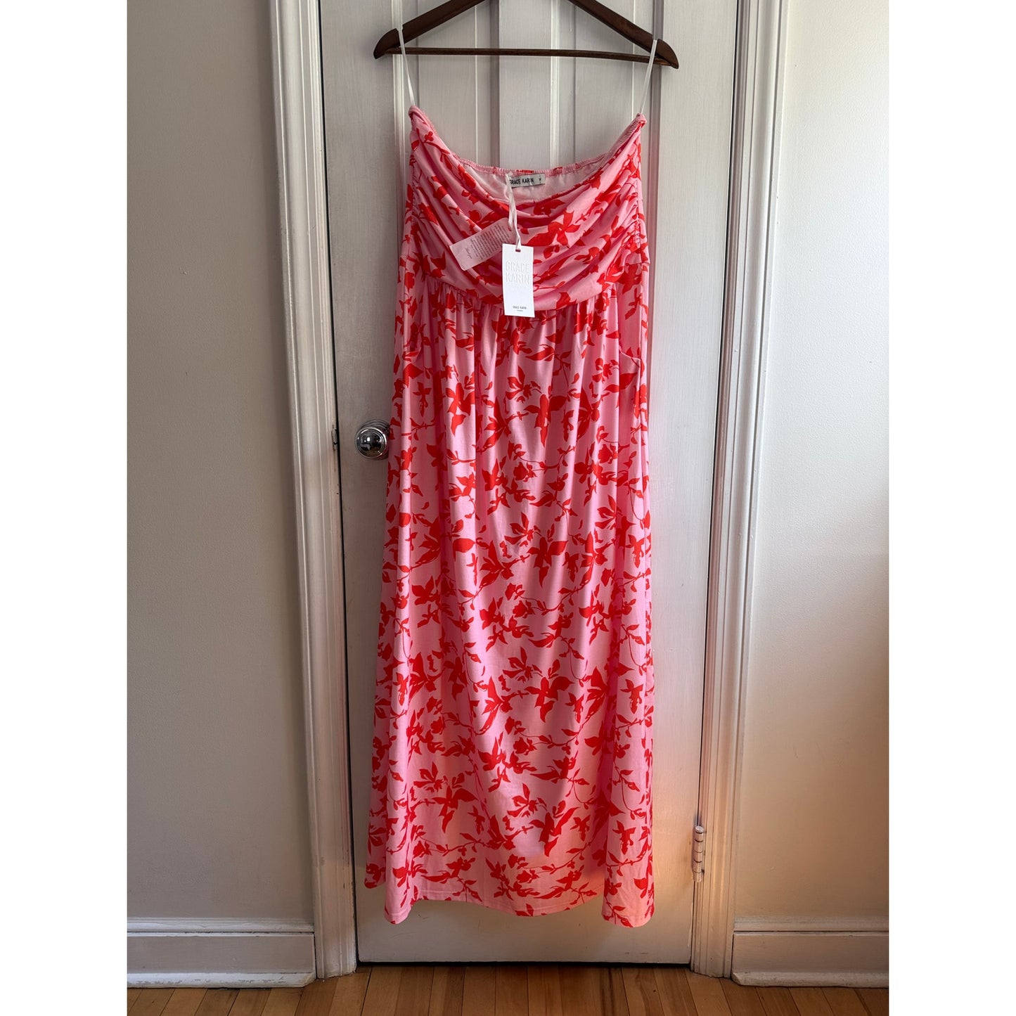 Grace Karin Strapless Ruched Maxi Dress XL Pink Red Floral Pockets Summer NWT