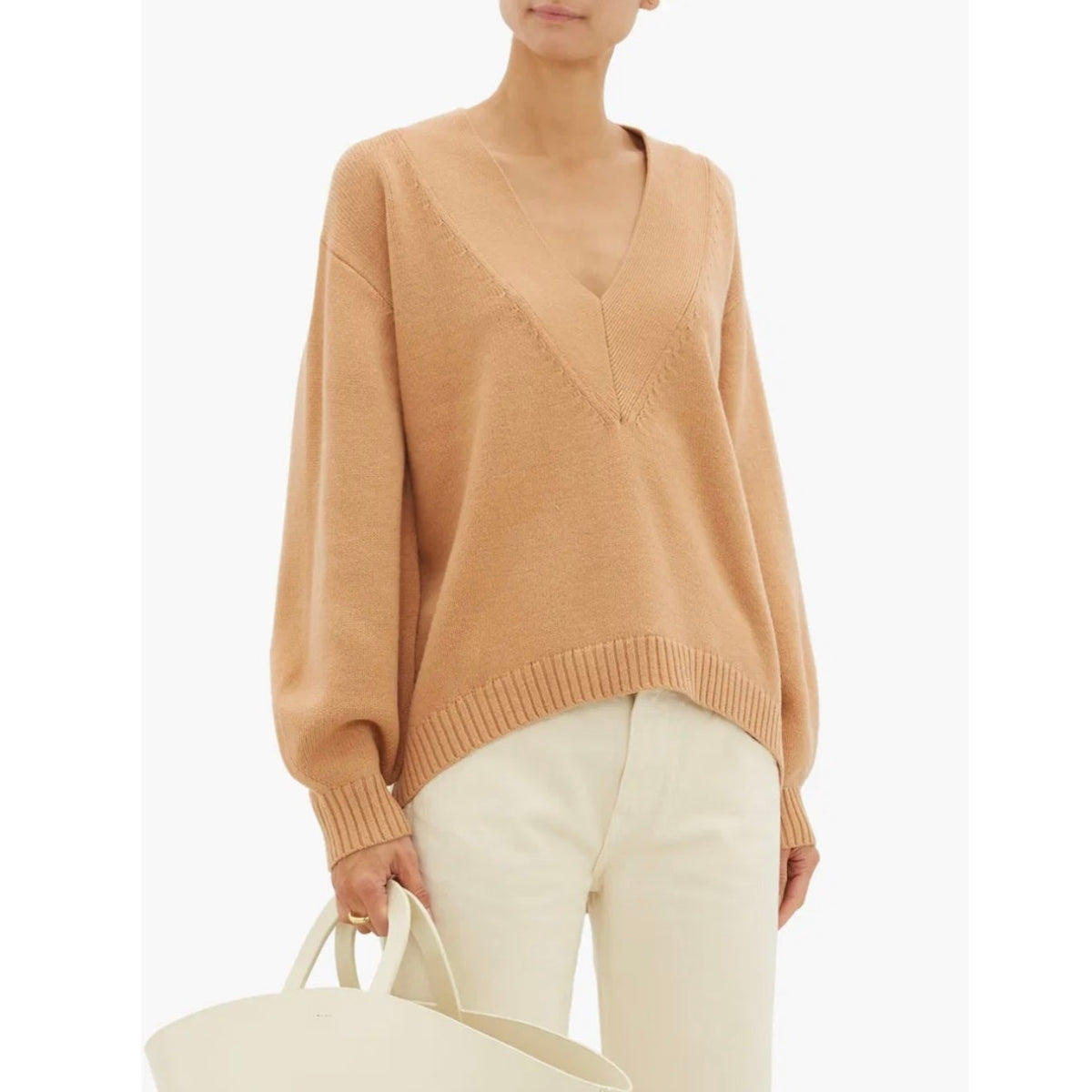 Tibi Merino Wool Blend V-neck Puff Sleeve Camel Sweater - Size Small