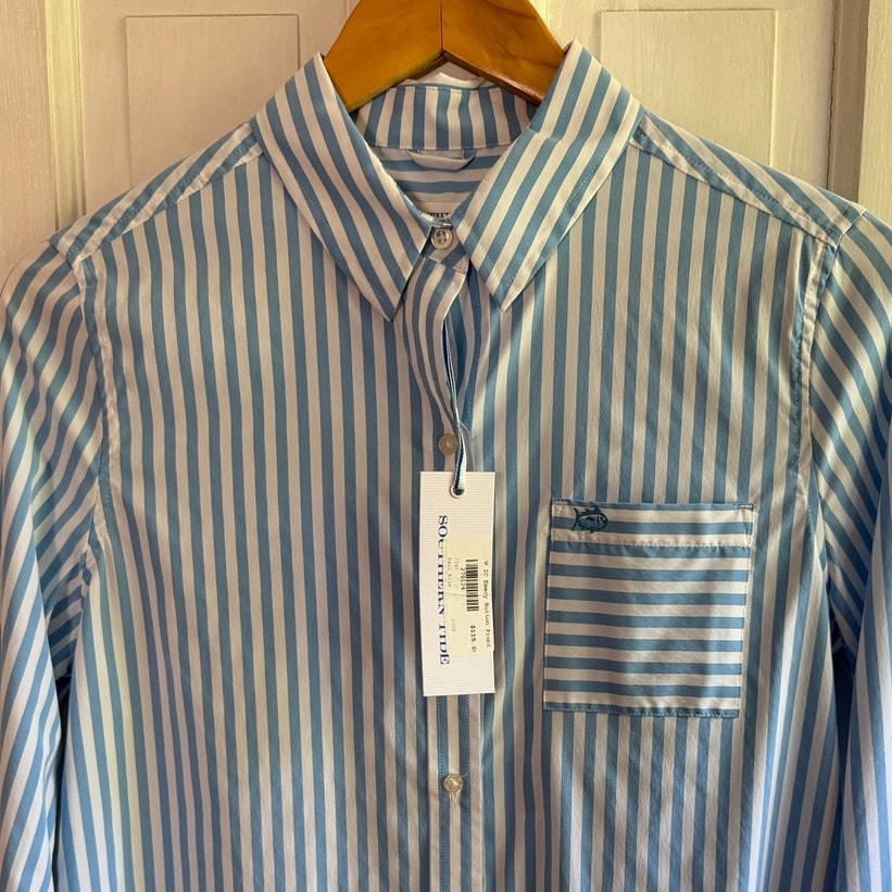 Southern Tide Emery Button Front Shirt Sail Bleu Striped Womens Small 7345 NWT