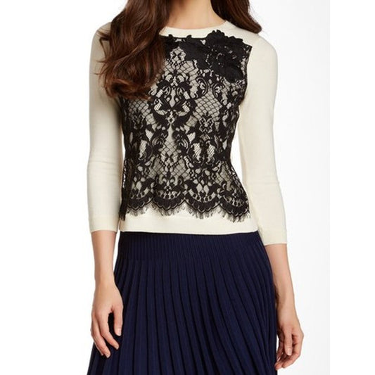 🕯️🕊️ DVF Diane von Furstenberg Ivory Wool Blend Lace Trim Sweater Size M/P