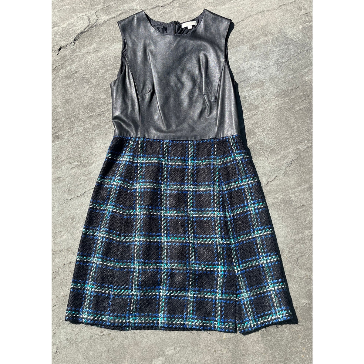 Shoshanna Everett Plaid Leather Combo Marlee Dress 4 Black Lapis Revolve Chic ⚡️