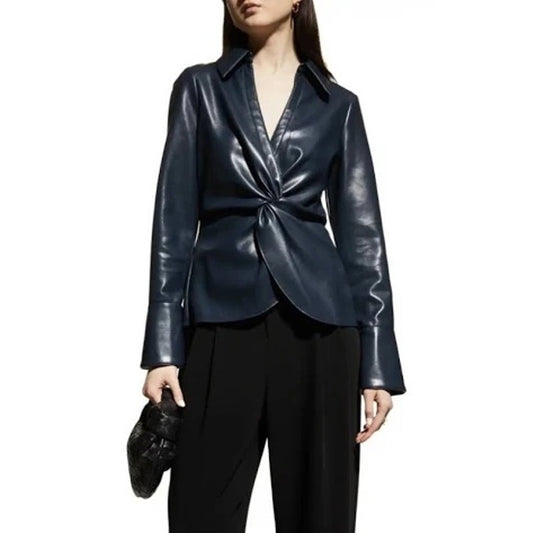 Cinq A Sept Mckenna Twisted Front Faux Leather Long Sleeve Navy - Small