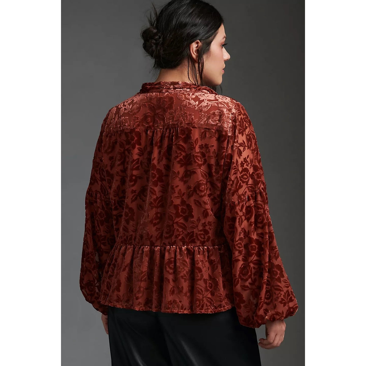 By Anthropologie Velvet Burnout Tie Neck Blouse Rust Copper Floral Peplum Med