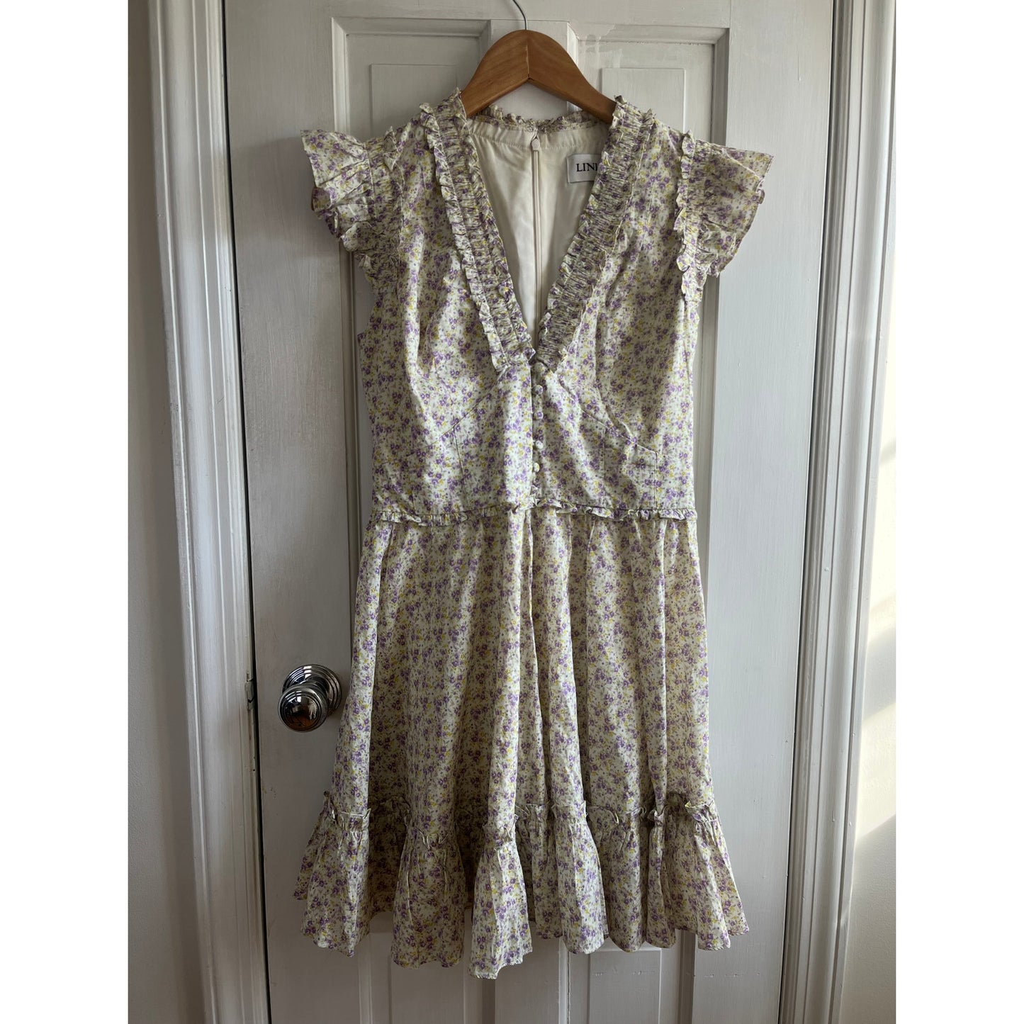 LINI Melissa Floral Mini Dress Ruffle Fit Flare Smocked V-Neck Blue Pink Small