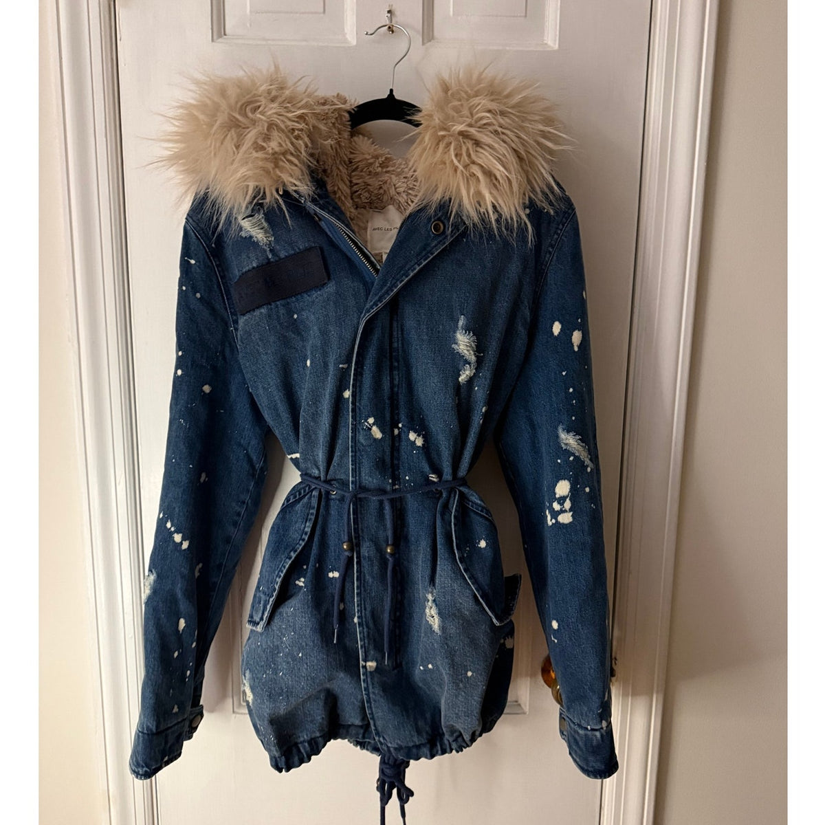 Avec Les Filles Distressed Denim Coat with Removable Faux Fur Lining - Small (Oversized)