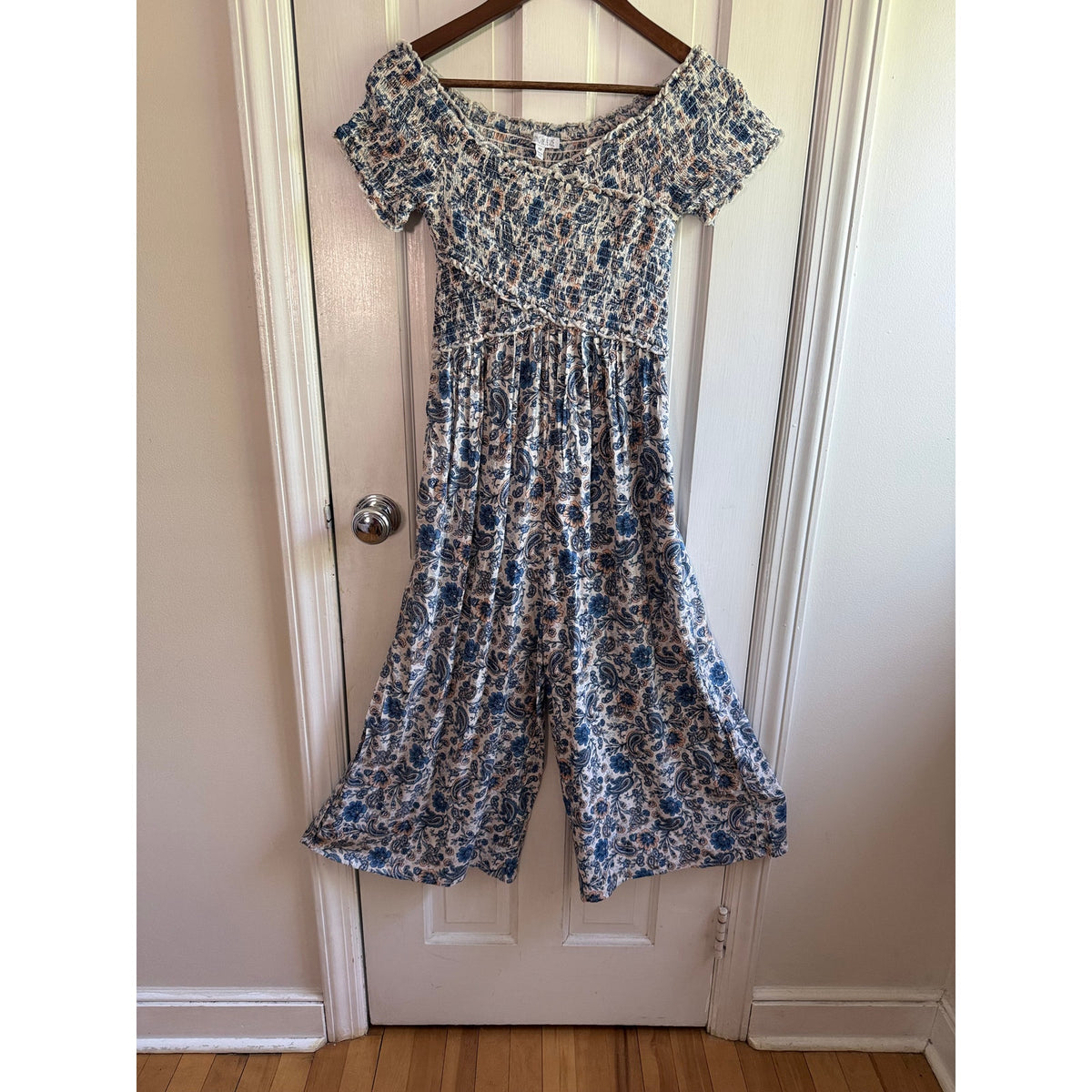Patrons of Peace Blue Floral Smocked Wide Leg Jumpsuit XS EUC