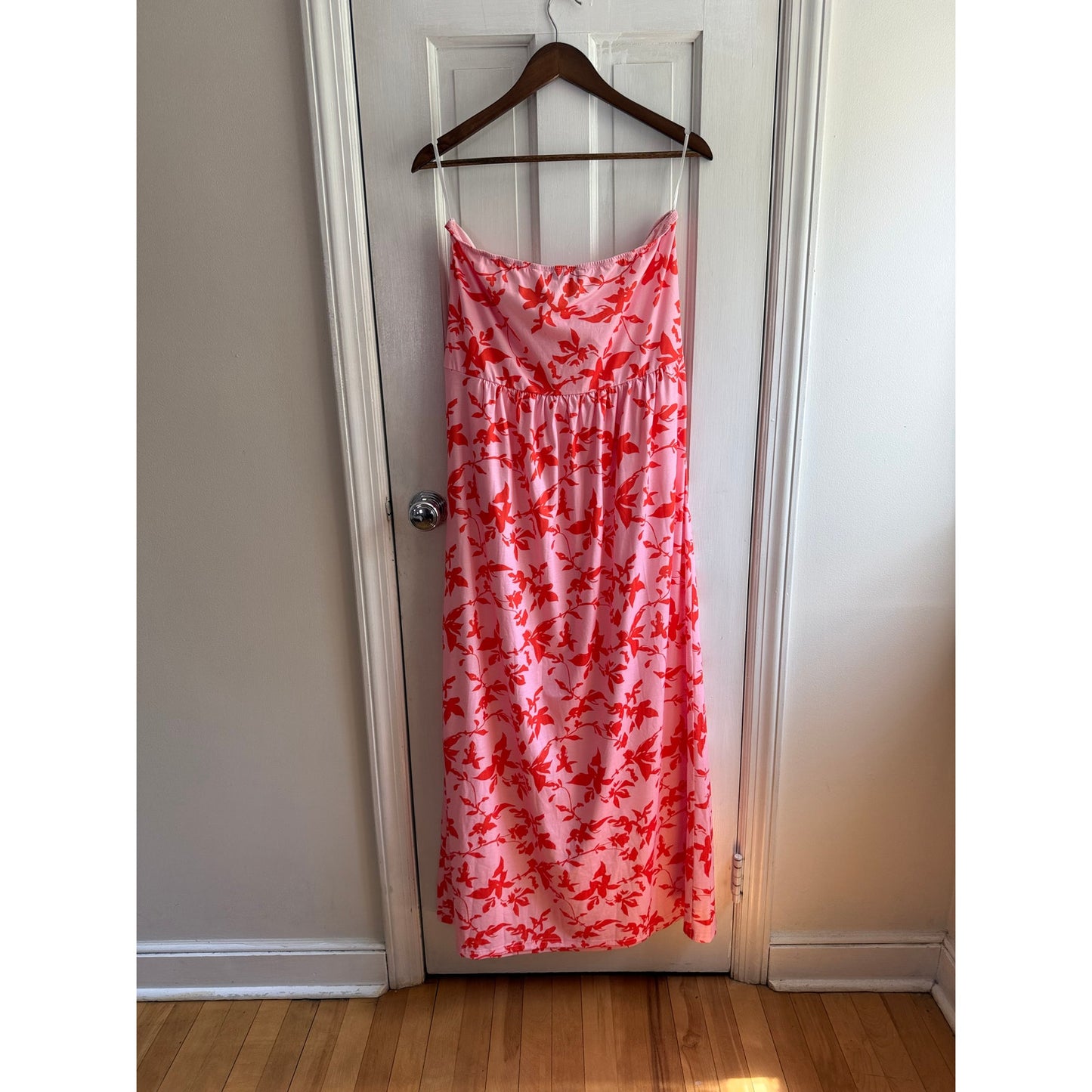 Grace Karin Strapless Ruched Maxi Dress XL Pink Red Floral Pockets Summer NWT