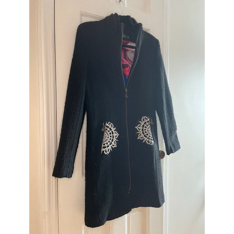 Desigual L’Adoration Long Black Wool Coat Sz 42