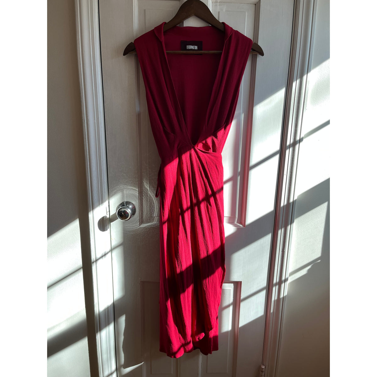 Reformation Red Wrap Midi Dress XS | Sexy Deep V Neck Sleeveless Crepe | US Made