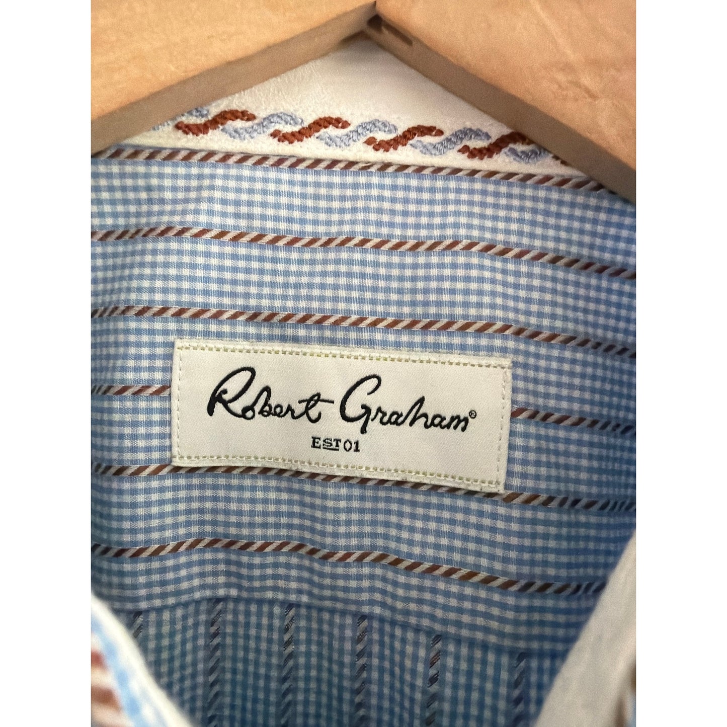 Robert Graham Shirt 42 16.5 L Blue White Brown Rope Striped Flip Cuff Button Up
