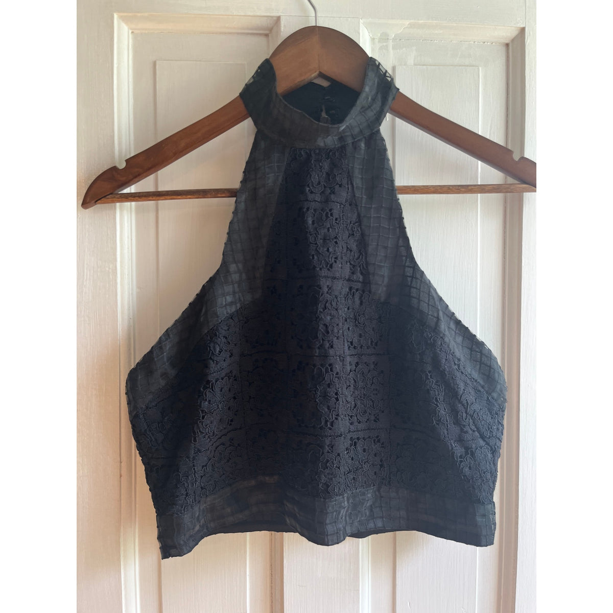 🖤 ALEXIS Janek Black Lace Mesh Crop Halter Top High Neck Size Medium
