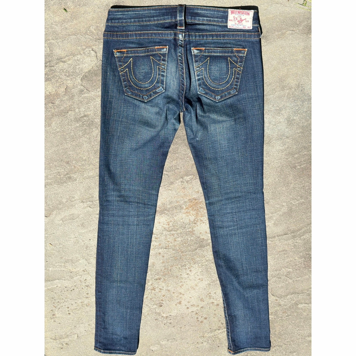 True Religion Skinny Low Rise Blue Jeans Size 28 Medium Wash Signature Stitch