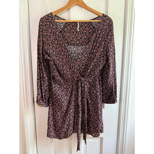 Free People Size L Black Pink Floral V-Neck Smocked Waist Tunic Top Dress EUC