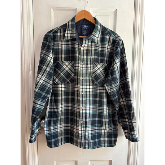 John Blair Vintage Green Plaid Flannel Shirt Jacket Lined Medium