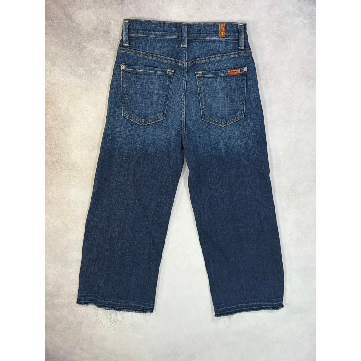 7 For All Mankind High Rise Straight Crop Jeans Size 23 Raw Hem Frayed Indigo Blue