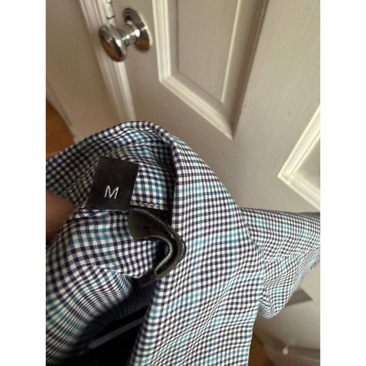 Theory Men's Clean Shirt Medium Marked Gingham Blue White Button Down EUC
