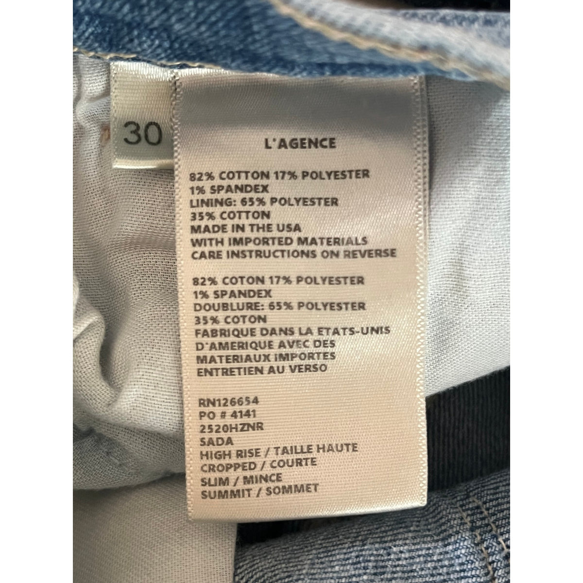 👖 L'Agence Sada High Rise Cropped Slim Jeans Summit Blue Wash Size 30