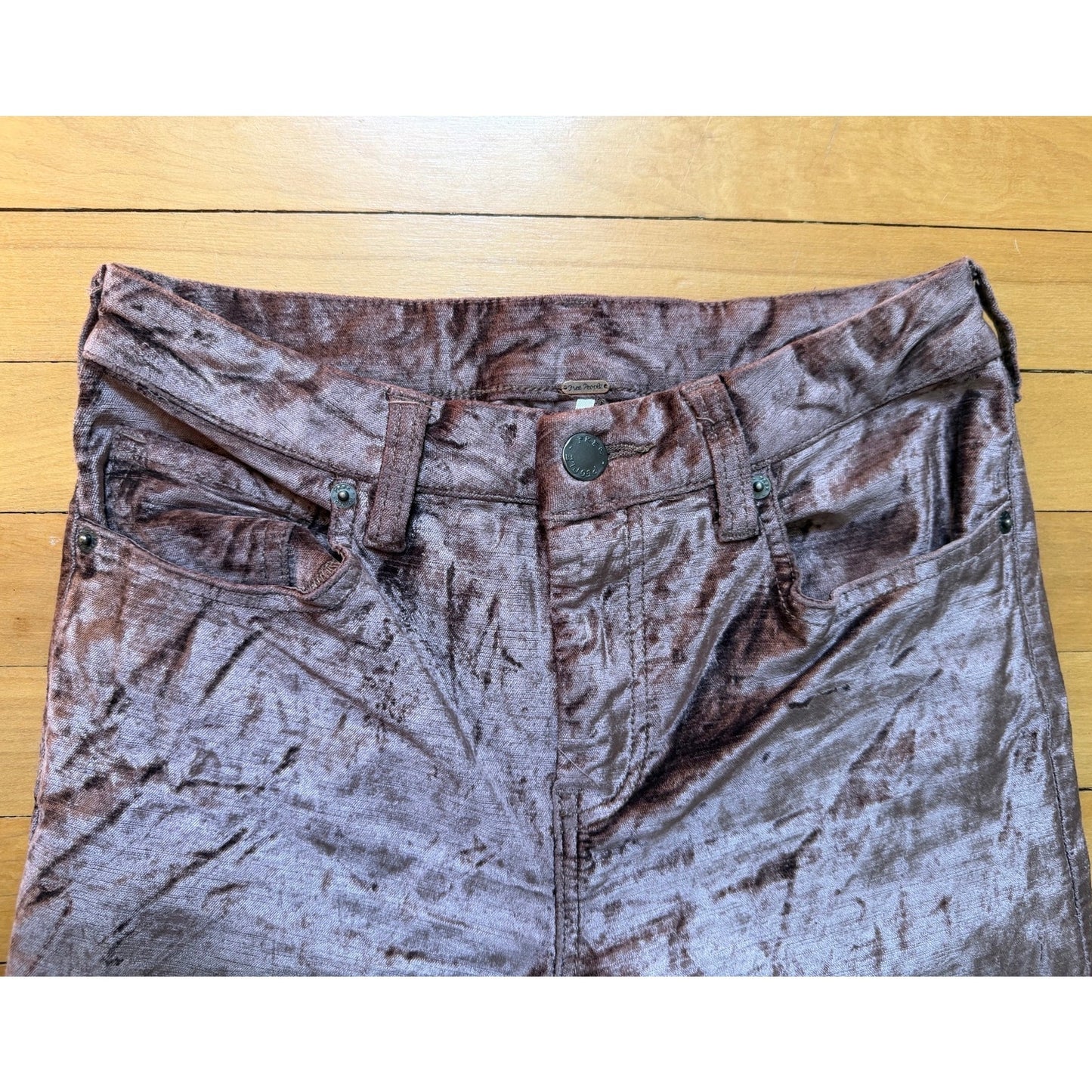 Free People Shiny Crushed Velvet Slim Flare Crop Pants 25 Brown Metallic EUC