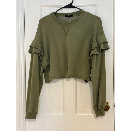 7 For All Mankind Ruffle Shoulder Crop Sweatshirt Olive Green Size Small Excellent Condition
