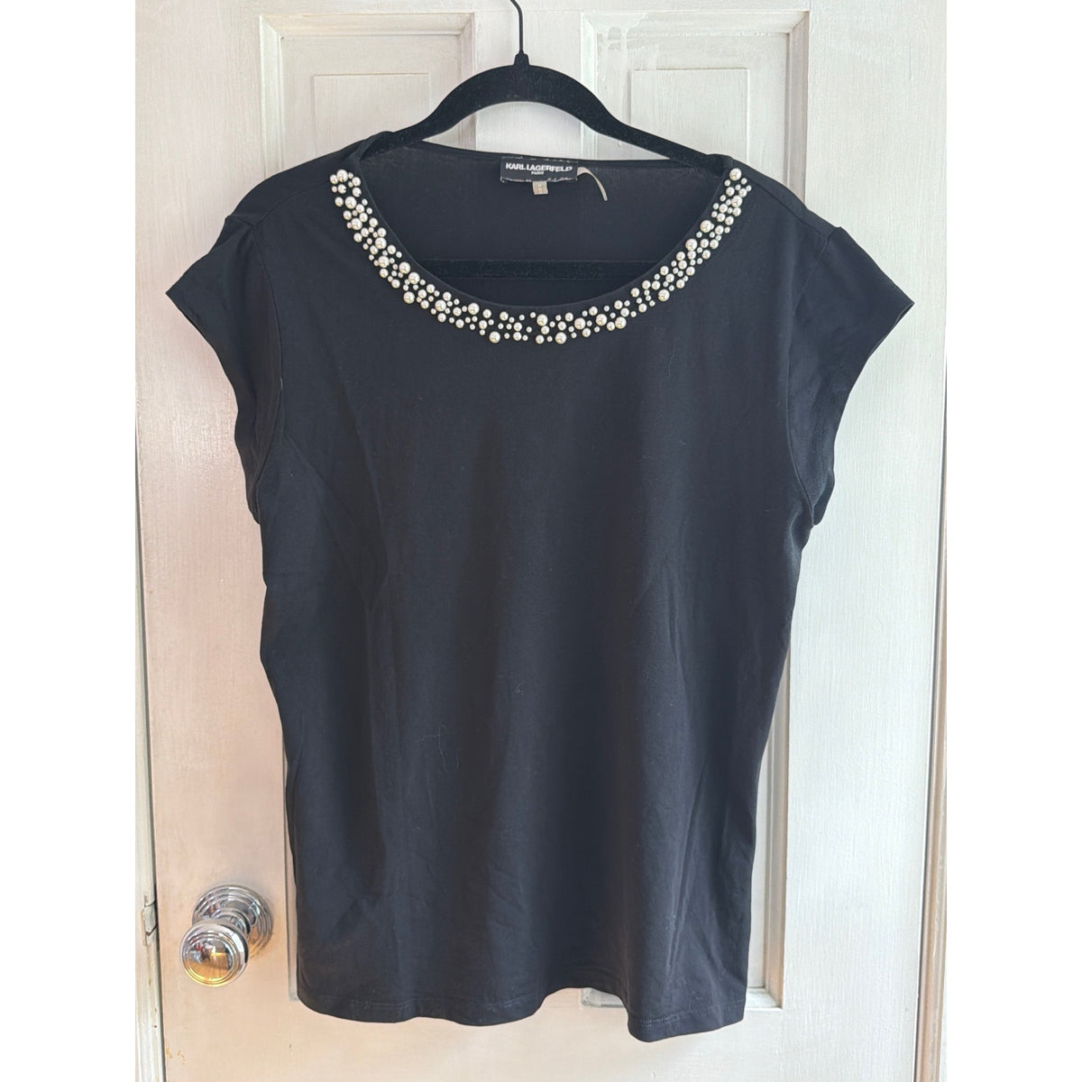 Karl Lagerfeld Paris Black Pearl-Embellished Neckline Top, Medium 