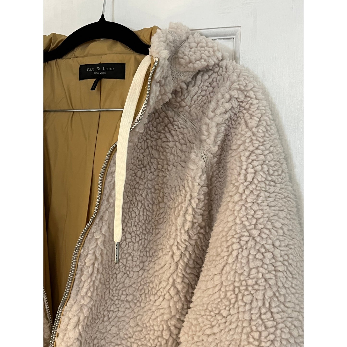 Rag & Bone Men’s Reversible Teddy Fleece Jacket | Tan Sherpa Hooded Parka | Large