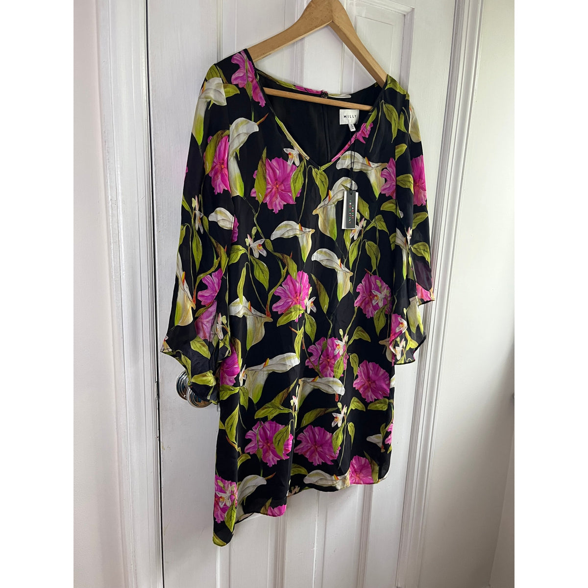 NWT Milly Nicole Silk Bell Sleeve Shift Dress 4 - Calla Lily Painterly Print ✨