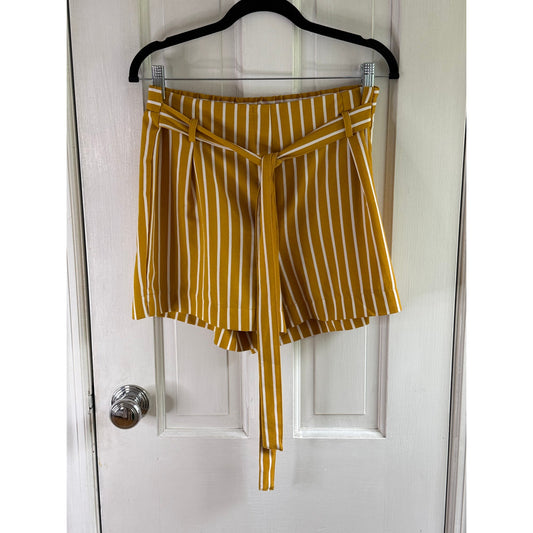 Mosaic & Co Gold White Striped Tie Waist Shorts Large L EUC Mustard Pleated